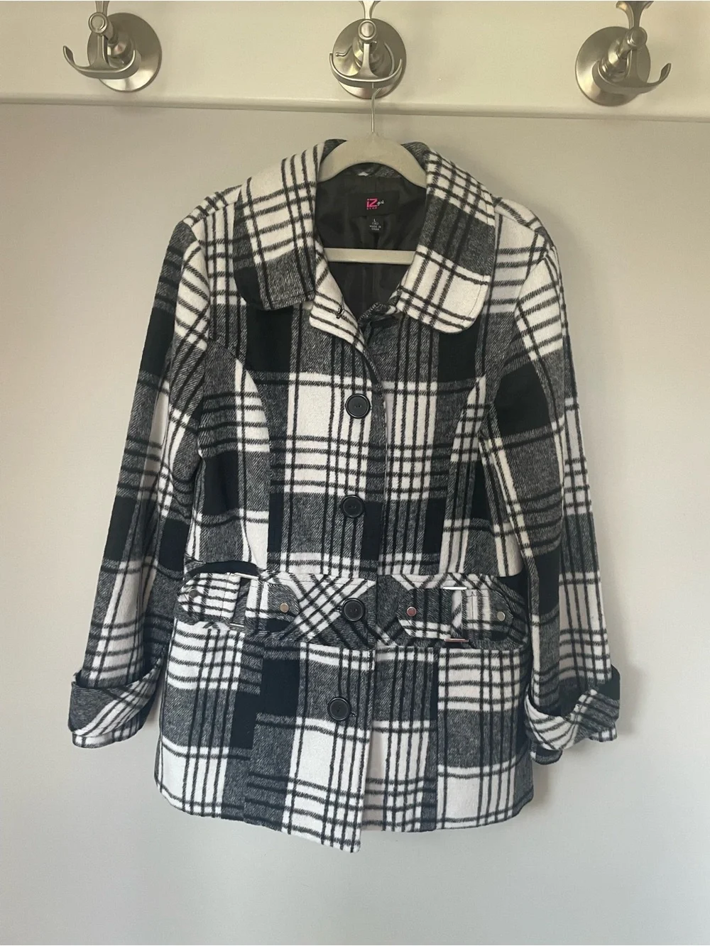 Iz Byer Girl’s Black and White Plaid Pea Coat